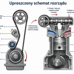 Uproszczony schemat rozrządu: wał korbowy napędza pasek, który z kolei napędza wałek rozrządu sterujący zaworami. Wymiana rozrządu to kluczowa czynność serwisowa.
