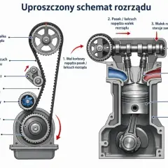 Schemat uproszczonego mechanizmu sterującego pracą silnika spalinowego: wał korbowy napędza pasek rozrządu, który z kolei obraca wałek rozrządu, sterujący zaworami.