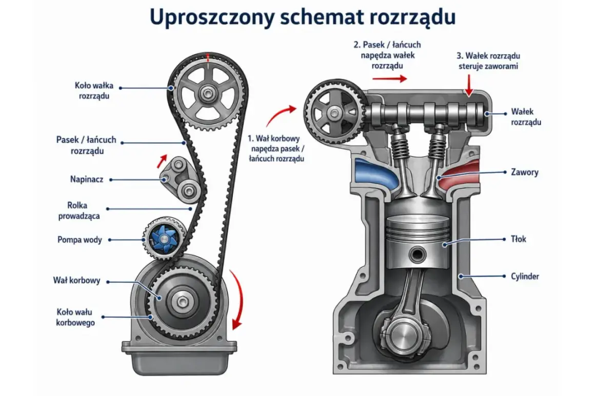 Uproszczony schemat rozrządu: wał korbowy napędza pasek, który z kolei napędza wałek rozrządu sterujący zaworami. Wymiana rozrządu to kluczowa czynność serwisowa.